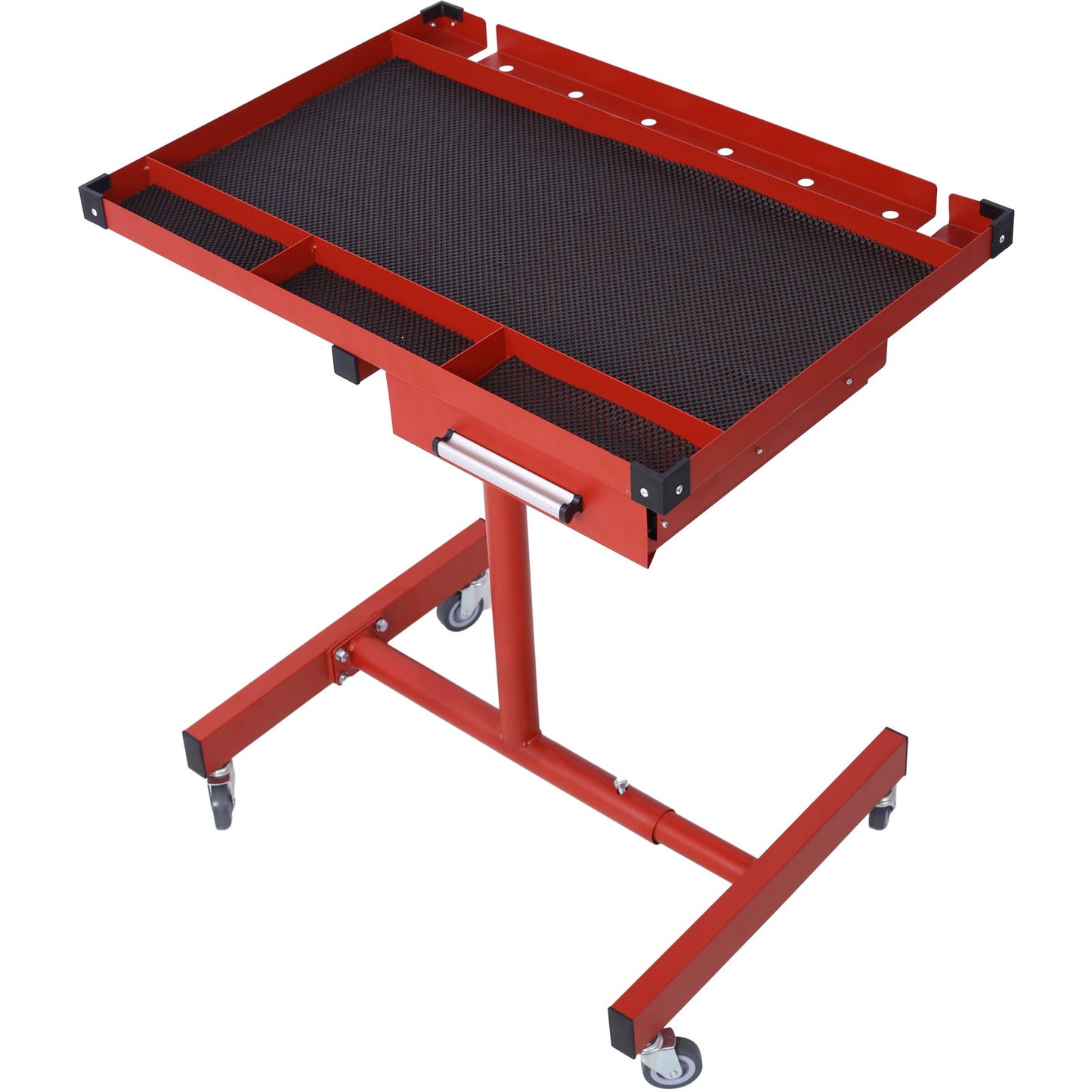 Adjustable Tear Down Work Table With Drawer For Garages, Repair Shops, And Diy, Portable, (4) 2.5" Swivel Casters, 220 Pound Capacity, Rubber Corners, Heavy Duty Steel - Red