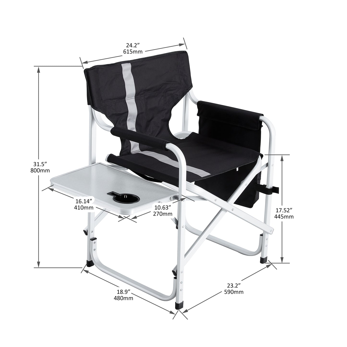 Padded Folding Outdoor Chair With Side Table And Storage Pockets, Lightweight Oversized Directors Chair For Indoor, Outdoor Camping, Picnics And Fishing - Black / Gray