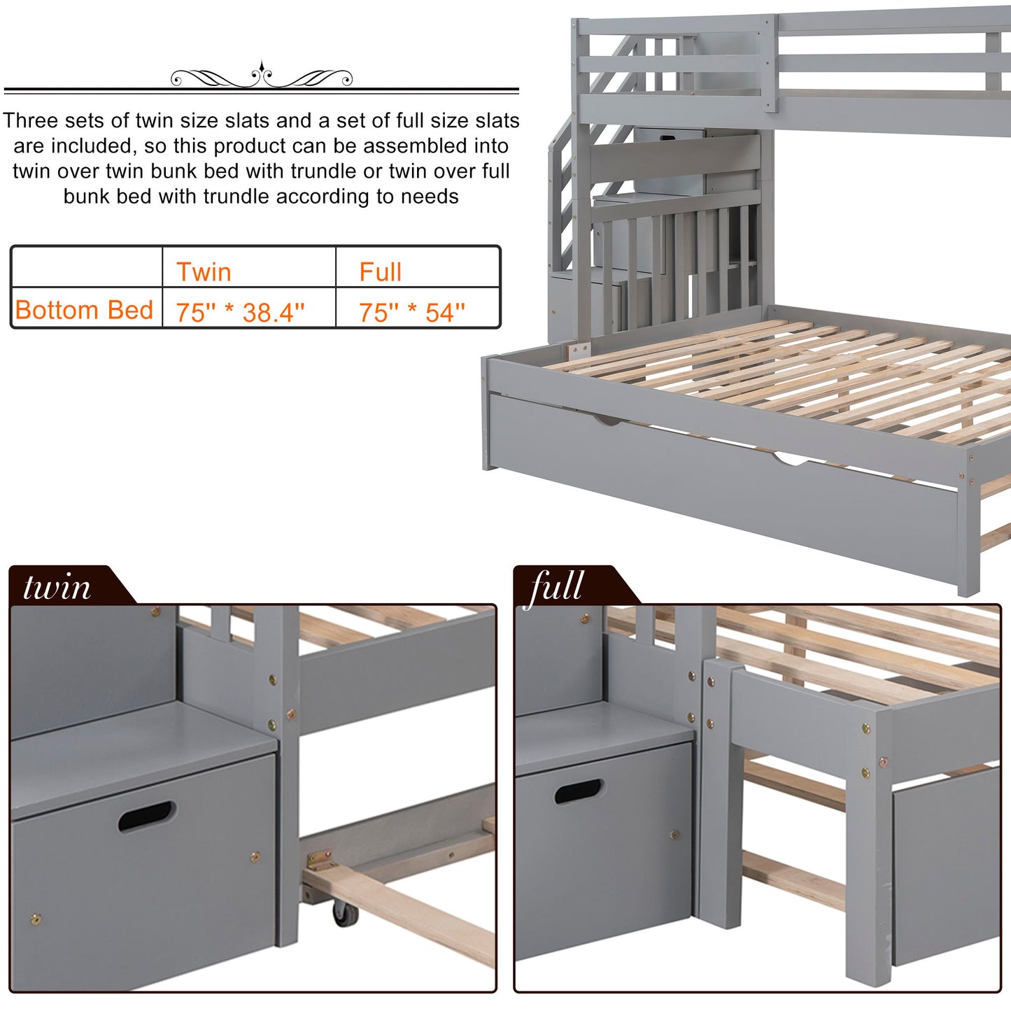 Twin Over Twin / Full Bunk Bed With Twin Size Trundle - Gray