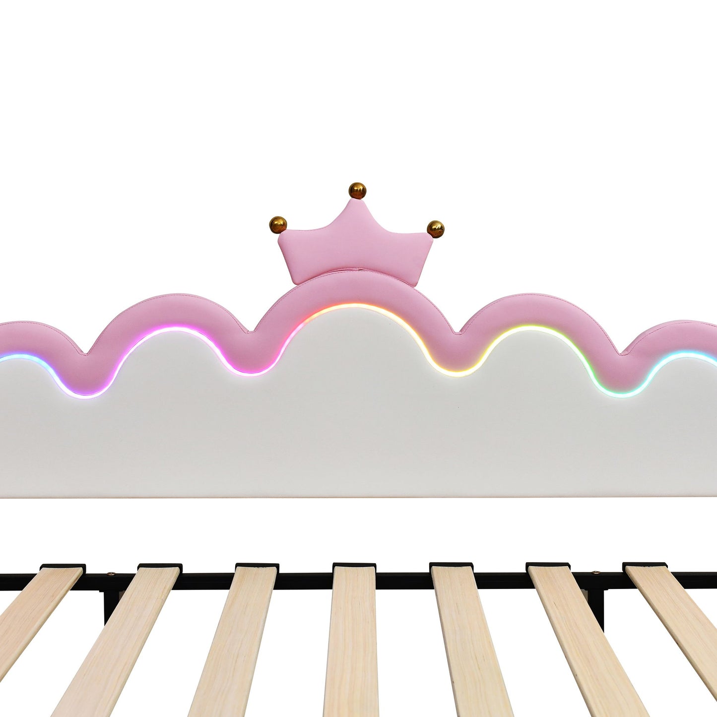 Twin Extending Daybed With LED Lights, Modern Upholstered Princess Daybed With Crown Headboard - Pink