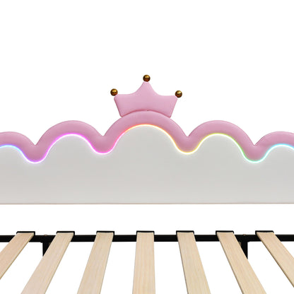 Twin Extending Daybed With LED Lights, Modern Upholstered Princess Daybed With Crown Headboard - Pink