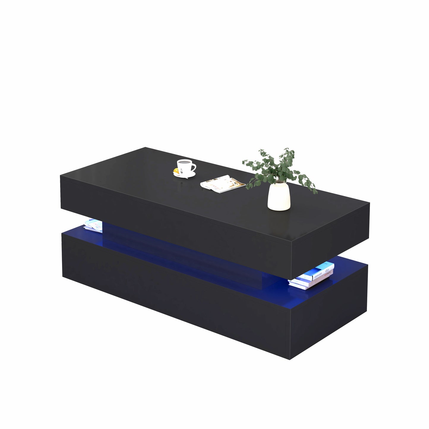 High Quality Foldable 3 Tier Coffee Table With Drawers And LED Light - Black