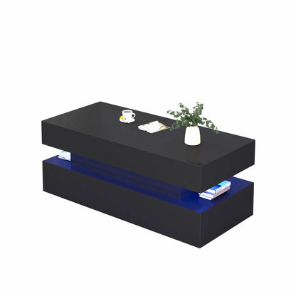 High Quality Foldable 3 Tier Coffee Table With Drawers And LED Light - Black
