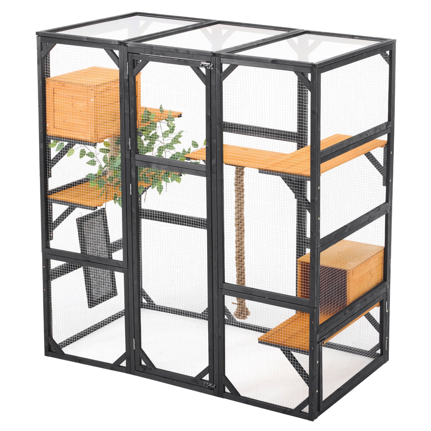 Outdoor Cat House, Diy Cat Enclosure With Double Enter Doors - Black Brown