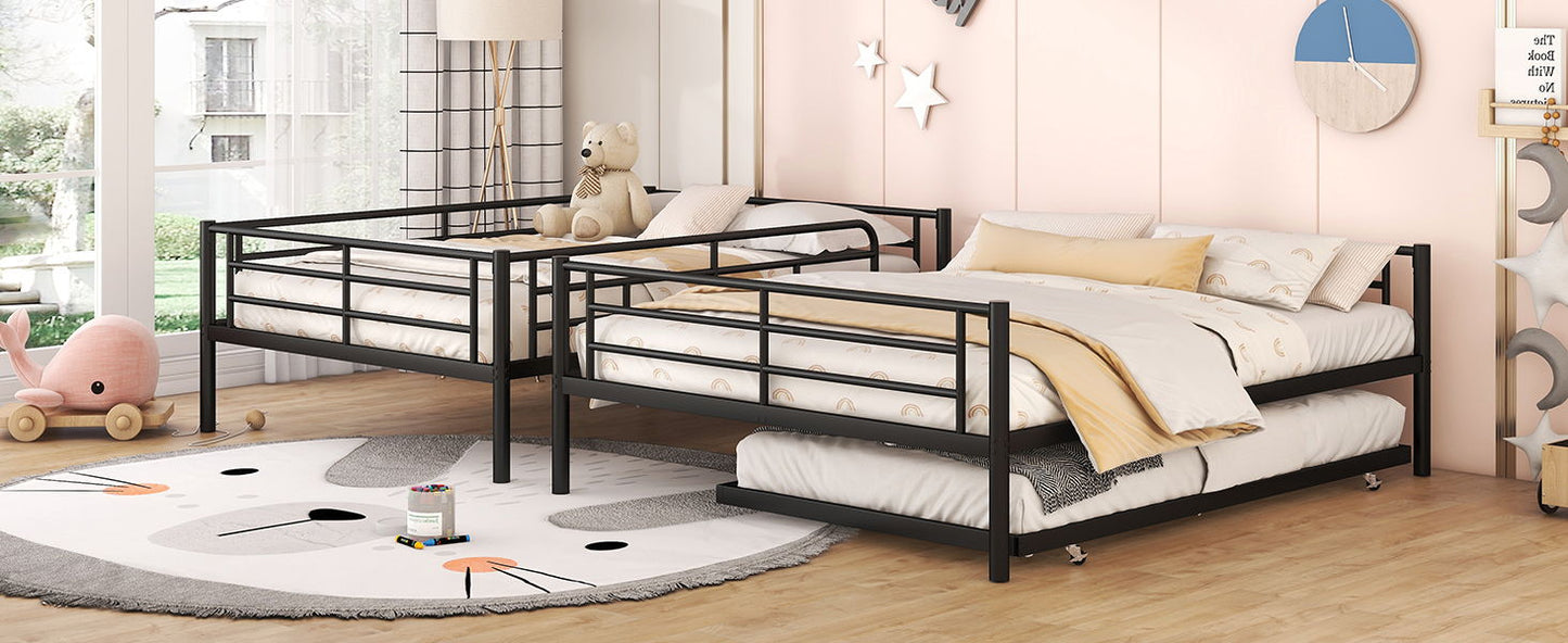 Full Long Over Queen Metal Bunk Bed With Trundle - Black