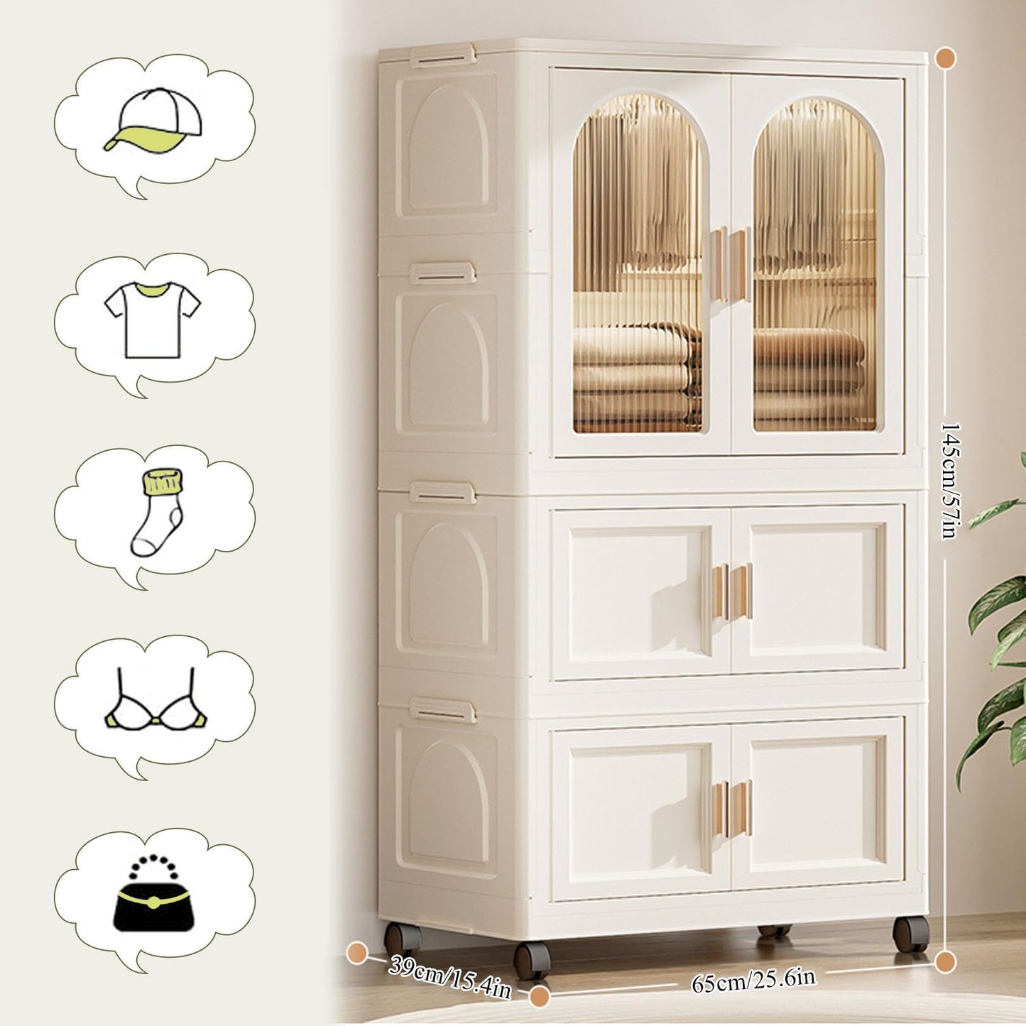 Side Wide Folding Wardrobe, With Magnetic Door, Plastic Storage Cabinet With Wheels (1 Layer Of Wardrobe + 2 Layers Of Folding Boxes + 10 Hangers) - Cream White