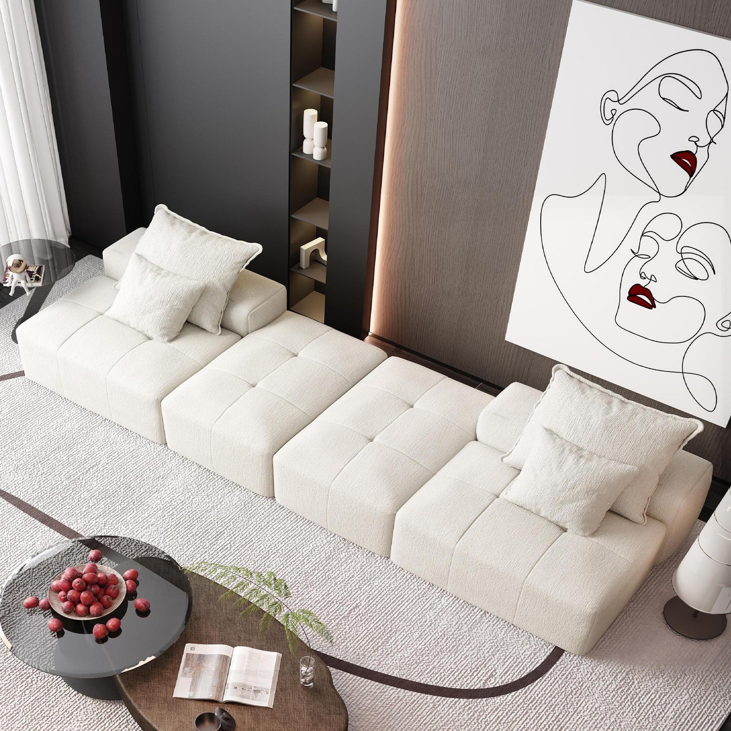 Modern Oversized Modular Sectional Sofa With 2 Ottoman And 2 Seat, Sparkling Chenille Fabric Soft Cushion Sofa With 4 Pillows, 4 Pieces Diy Combination Tufted Sofa, No Assembly Required - Beige