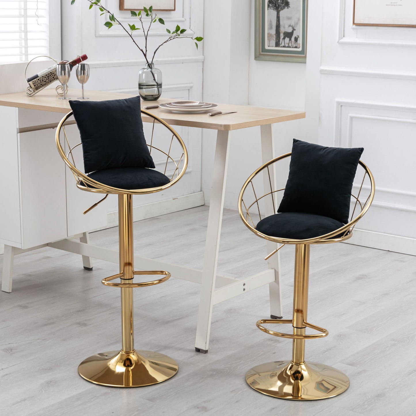 Velvet Bar Chair, Pure Gold Plated, Unique Design, 360 Degree Rotation, Adjustable Height, Suitable For Dining Room And Bar, (Set of 2) - Black
