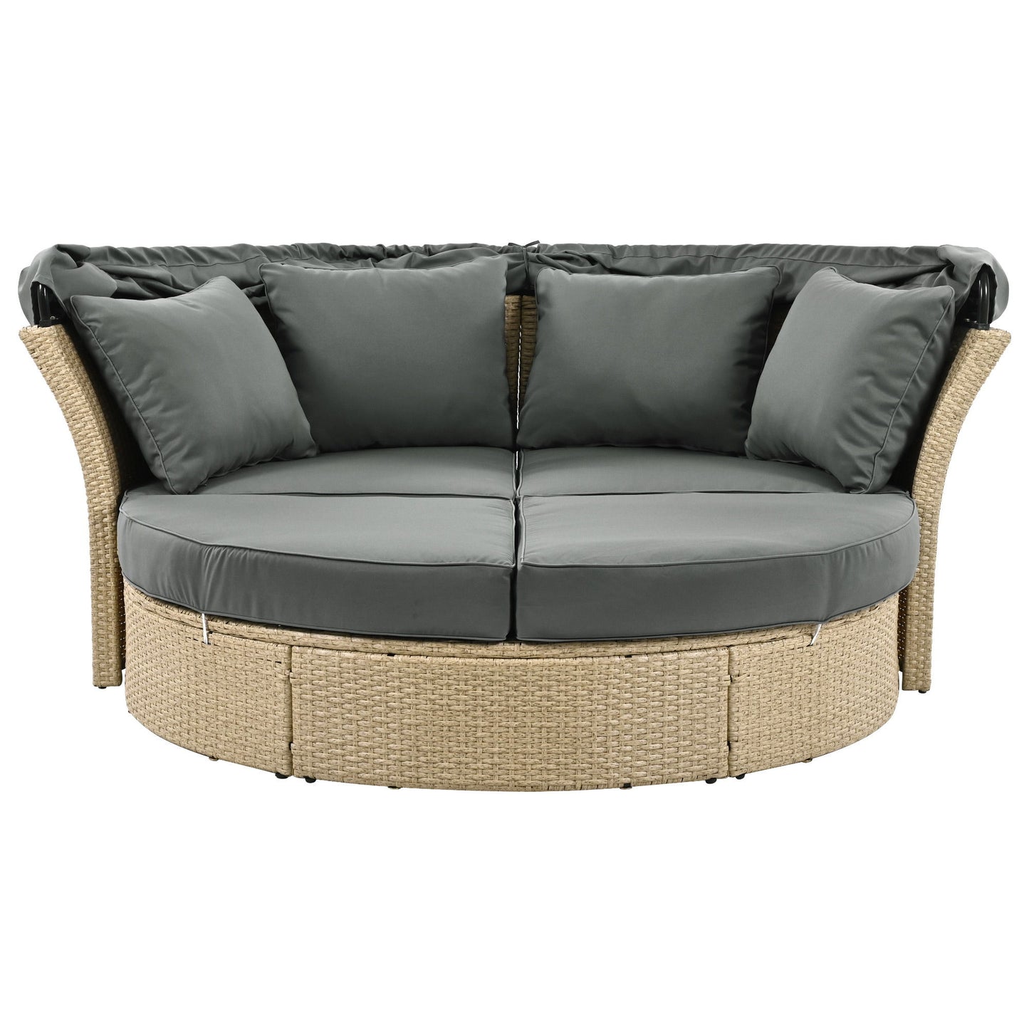 Outdoor Patio Daybed Wicker Rattan Double Daybed Round Sofa Furniture Set With Retractable Canopy, 4 Pillows For Lawn Garden Backyard Porch Pool - Gray