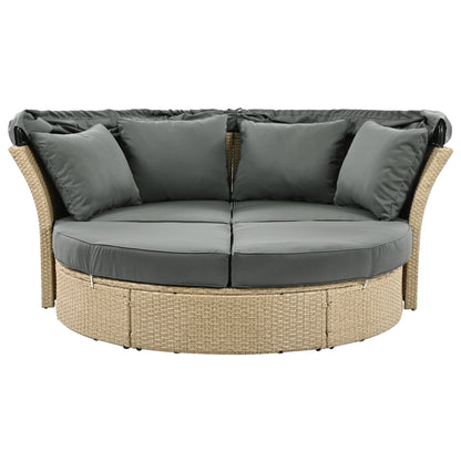 Outdoor Patio Daybed Wicker Rattan Double Daybed Round Sofa Furniture Set With Retractable Canopy, 4 Pillows For Lawn Garden Backyard Porch Pool - Gray
