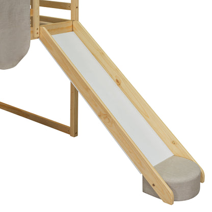 Twin Size Loft Bed With House Shaped Frame And Tent - Natural / Beige