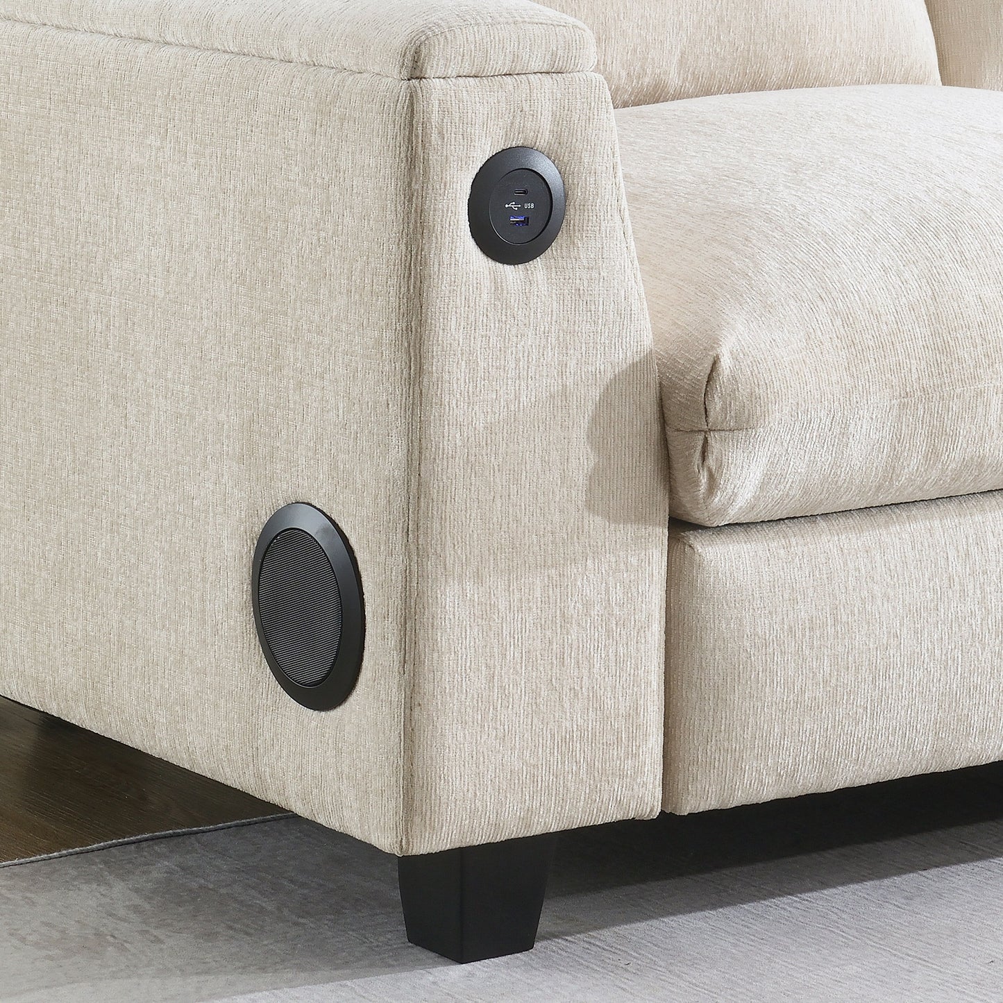 Sectional With Bluetooth Speaker Comfy Cloud Couch Set With Drop Down Table Cup Holders, USB Charger Storage Armrest Wide Seat Sofa - Beige