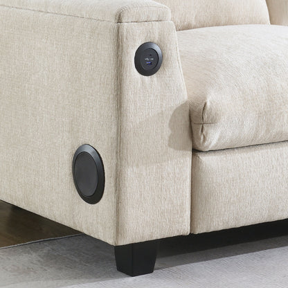 Sectional With Bluetooth Speaker Comfy Cloud Couch Set With Drop Down Table Cup Holders, USB Charger Storage Armrest Wide Seat Sofa - Beige