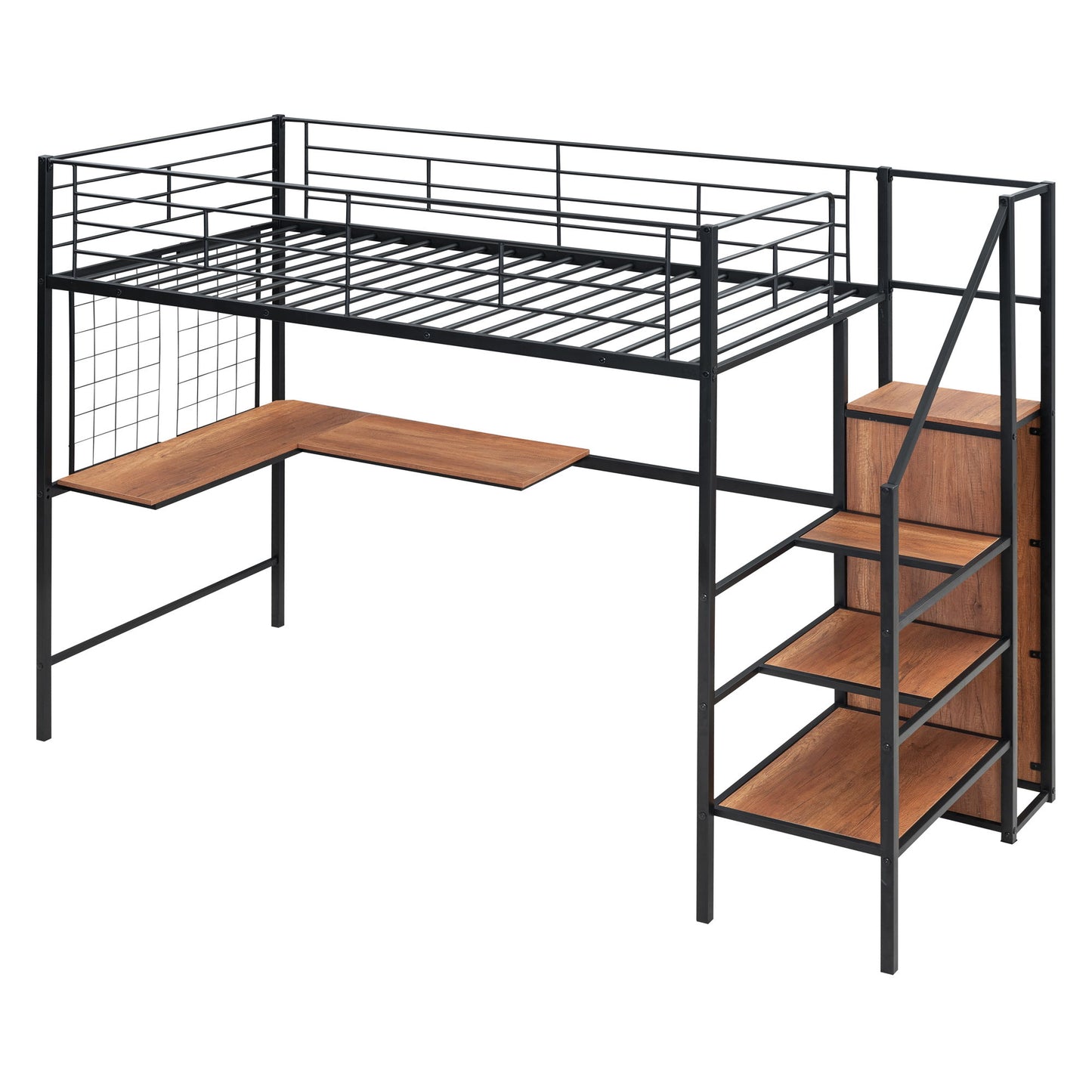 Twin Size Loft Bed With Desk And Grid, Stylish Frame With Lateral Storage Ladder And Wardrobe - Black