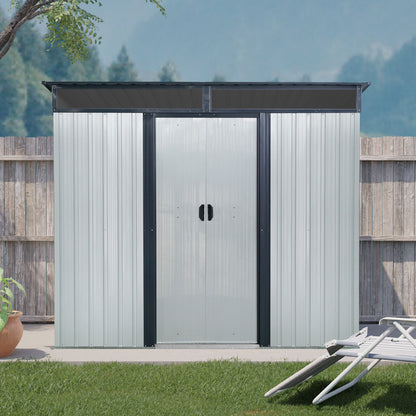 8Ft X 6Ft Outdoor Metal Storage With Lockable Sliding Doors And Transparent Plate For Garden, Lawn - White / Black