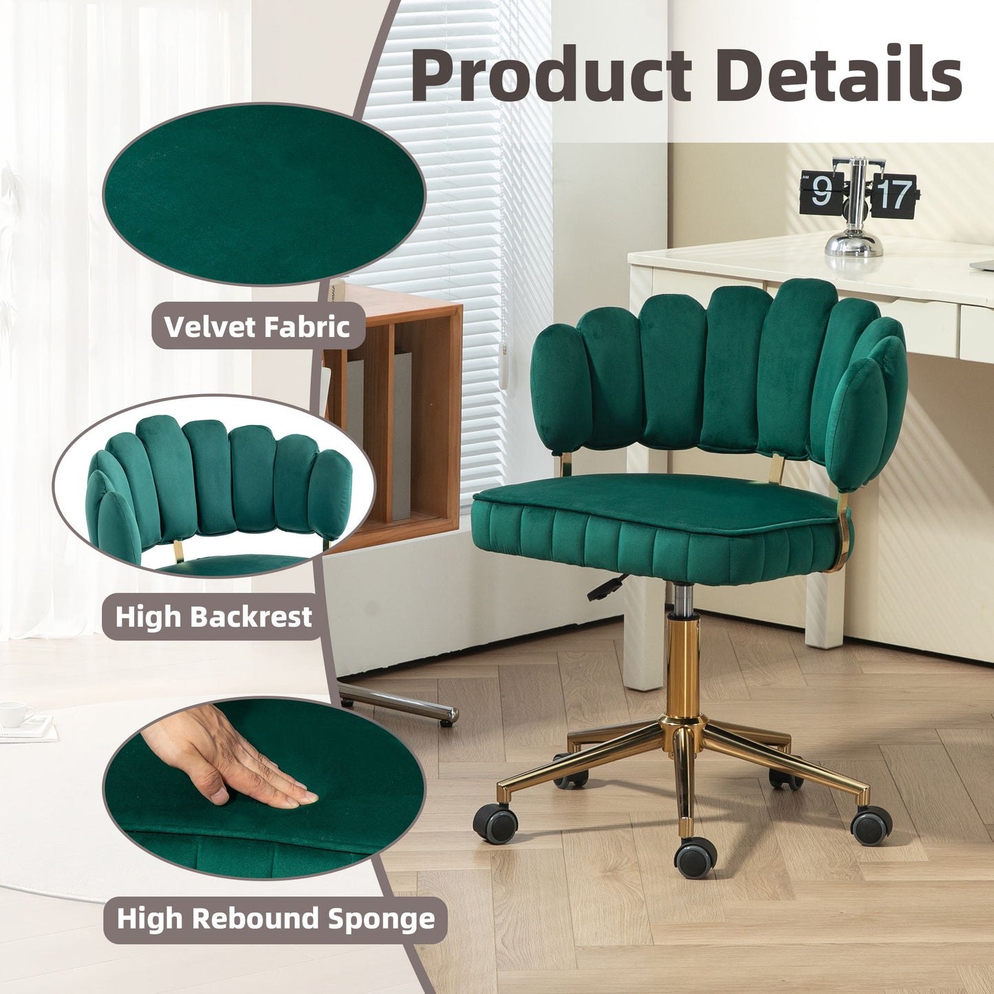 Velvet Home Office Desk Chair, Modern Cute Computer Chair, Wheels Swivel Height Adjustable Task Chair - Emerald