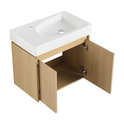 Modern 24" Bathroom Vanity With Ceramic Basin, Wall Mounted Floating Sink Combo, Wooden Storage Cabinet - Oak