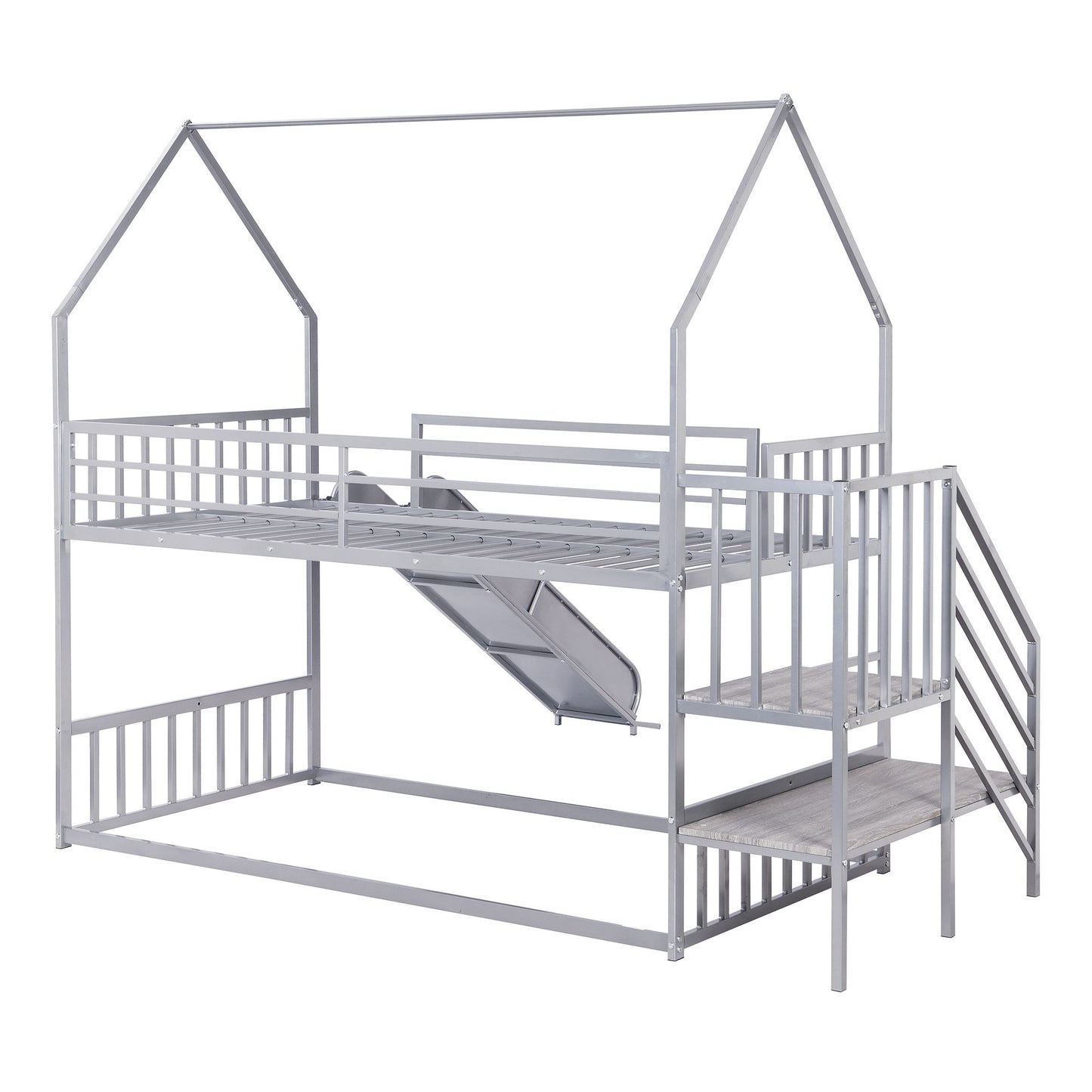 Twin Over Twin Metal Bunk Bed House Bed With Slide And Staircase - Silver