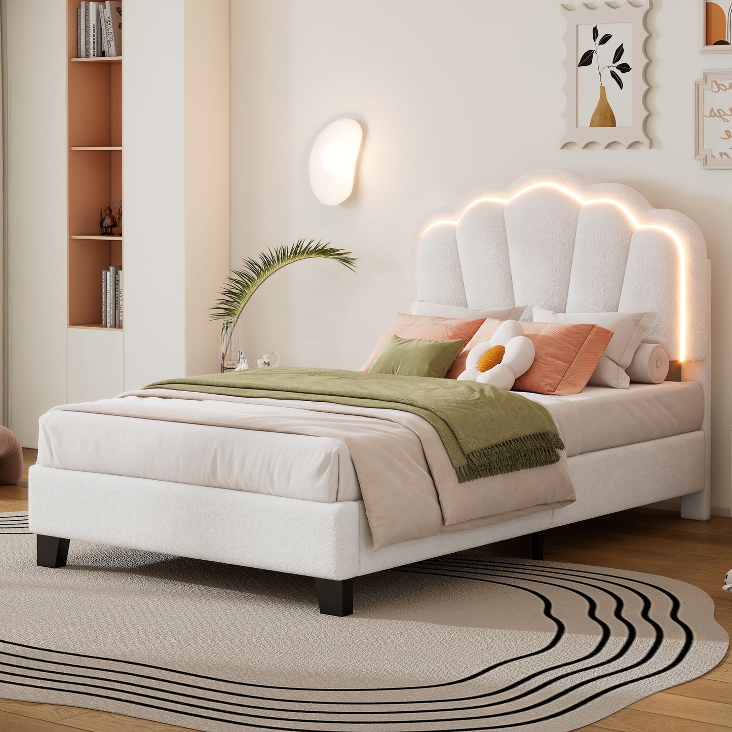 Twin Size Upholstered Flower-Shape Bed, Elegant Flowers Headboard With LED Light Strip, Sherpa Fabric Platform Bed With Slats Support - White