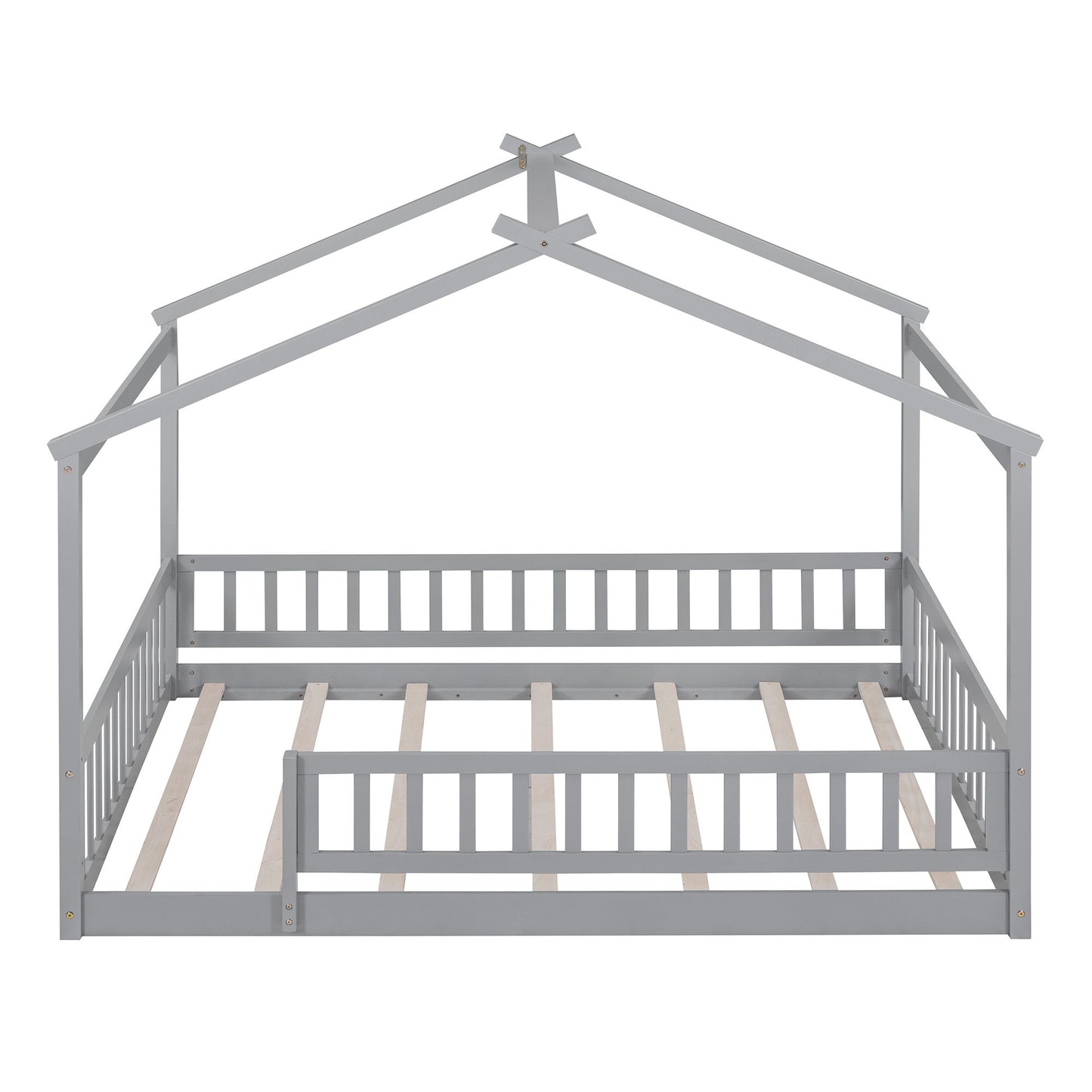 Full Size Bed House Bed Frame With Fence - Gray
