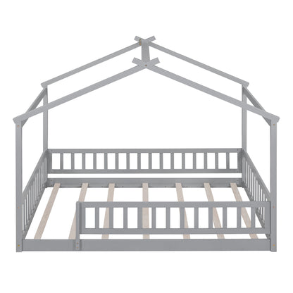 Full Size Bed House Bed Frame With Fence - Gray