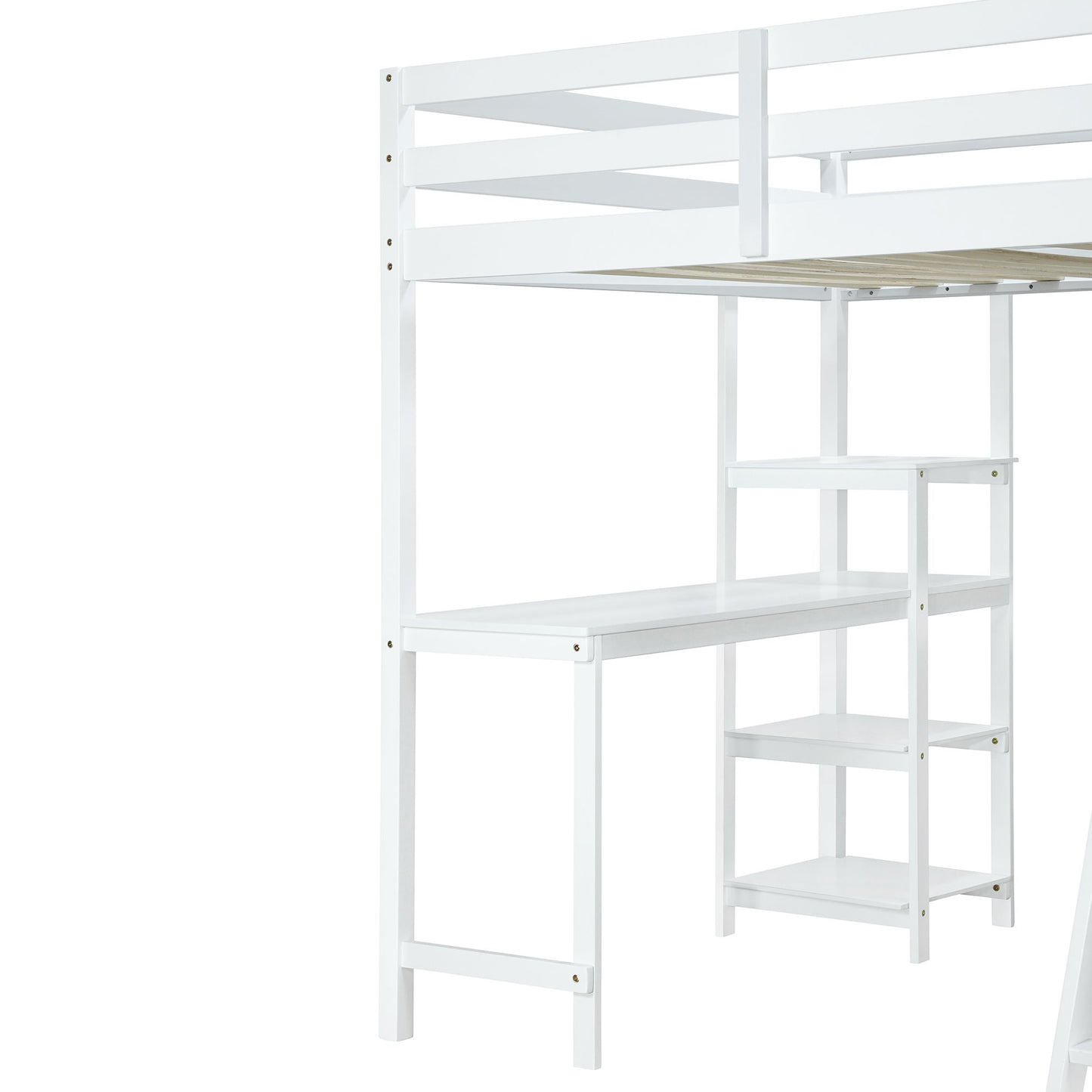 Full Size Loft Bed With Wardrobe And Desk And Shelves - White