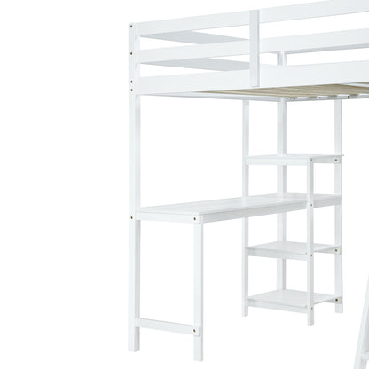 Full Size Loft Bed With Wardrobe And Desk And Shelves - White
