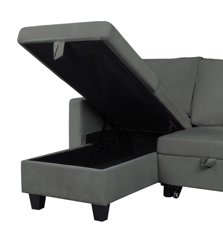 Nova - Velvet Reversible Sleeper Sectional Sofa With Storage Chaise - Dark Gray