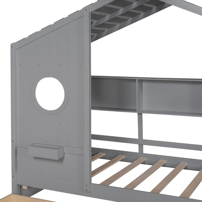 Twin Size House Bed With 2 Drawers, Kids Bed With Storage Shelf - Gray