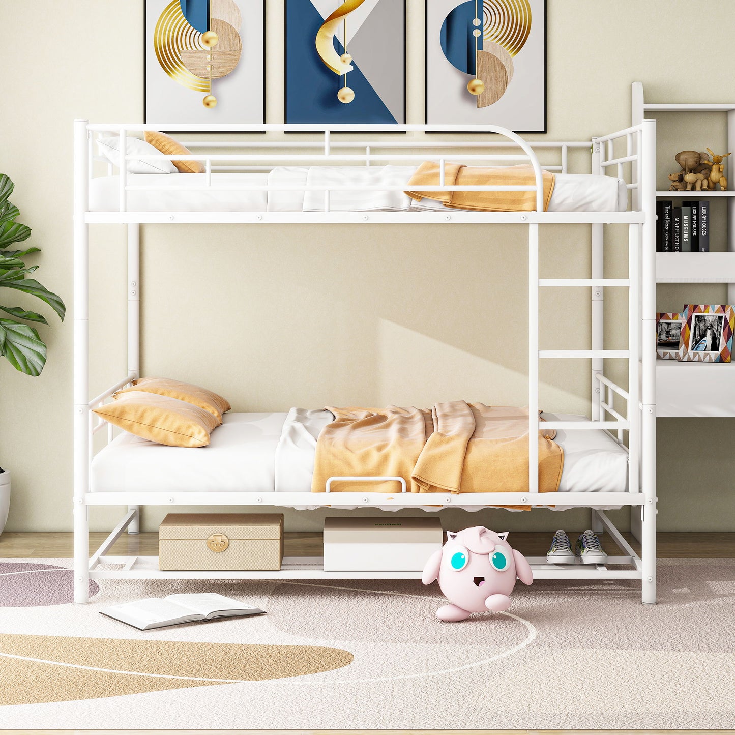 Full Over Full Bunk Bed With Shelf And Guardrails - White