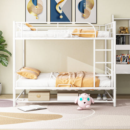Full Over Full Bunk Bed With Shelf And Guardrails - White