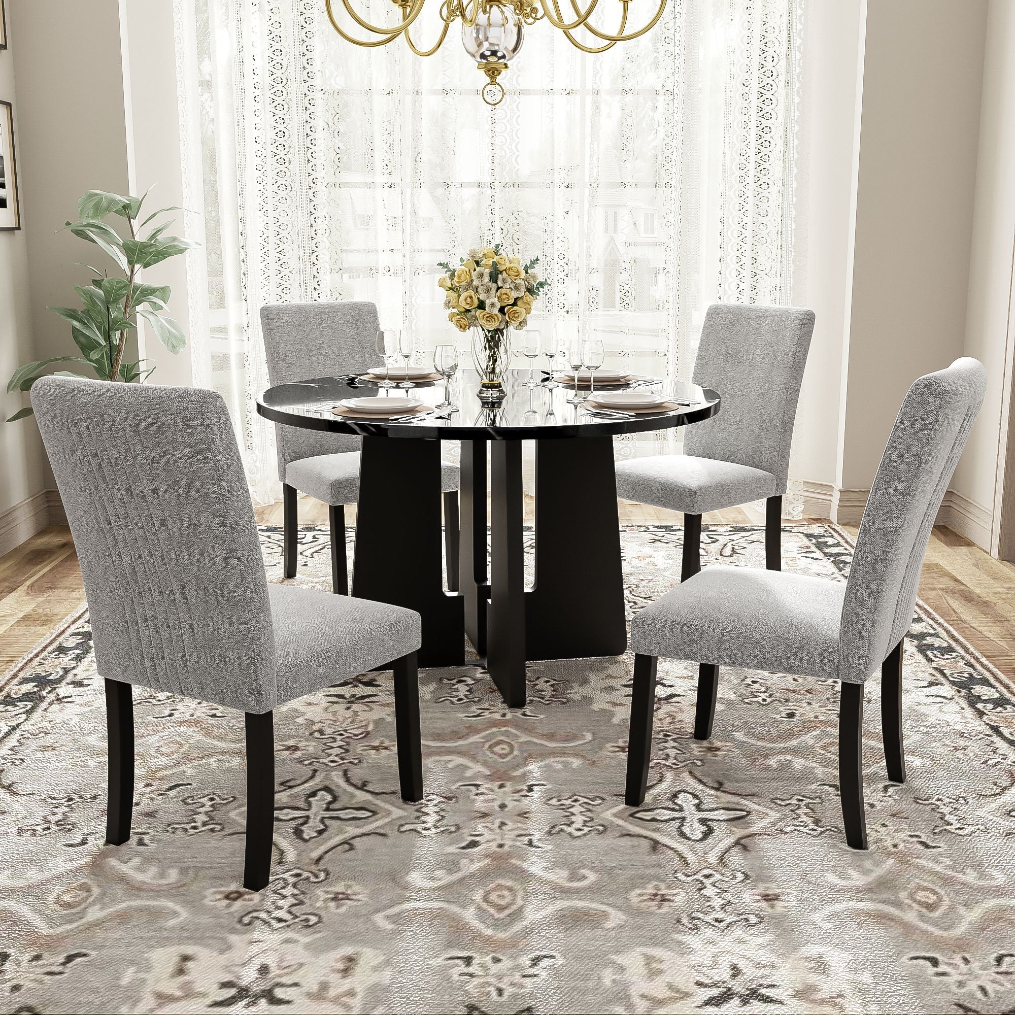 5 Piece Round Dining Table Set, Modern Dining Table And 4 Upholstered Chairs For Dining Room, Kitchen Room, Living Room - Gray / Black
