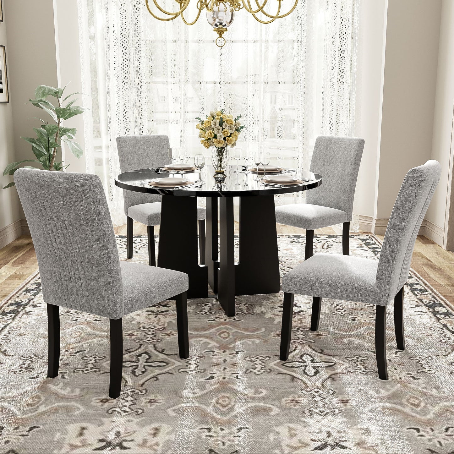 5 Piece Round Dining Table Set, Modern Dining Table And 4 Upholstered Chairs For Dining Room, Kitchen Room, Living Room - Gray / Black