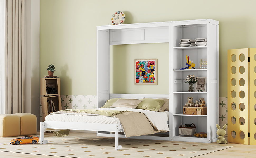 Queen Size Murphy Wall Bed With Shelves - White