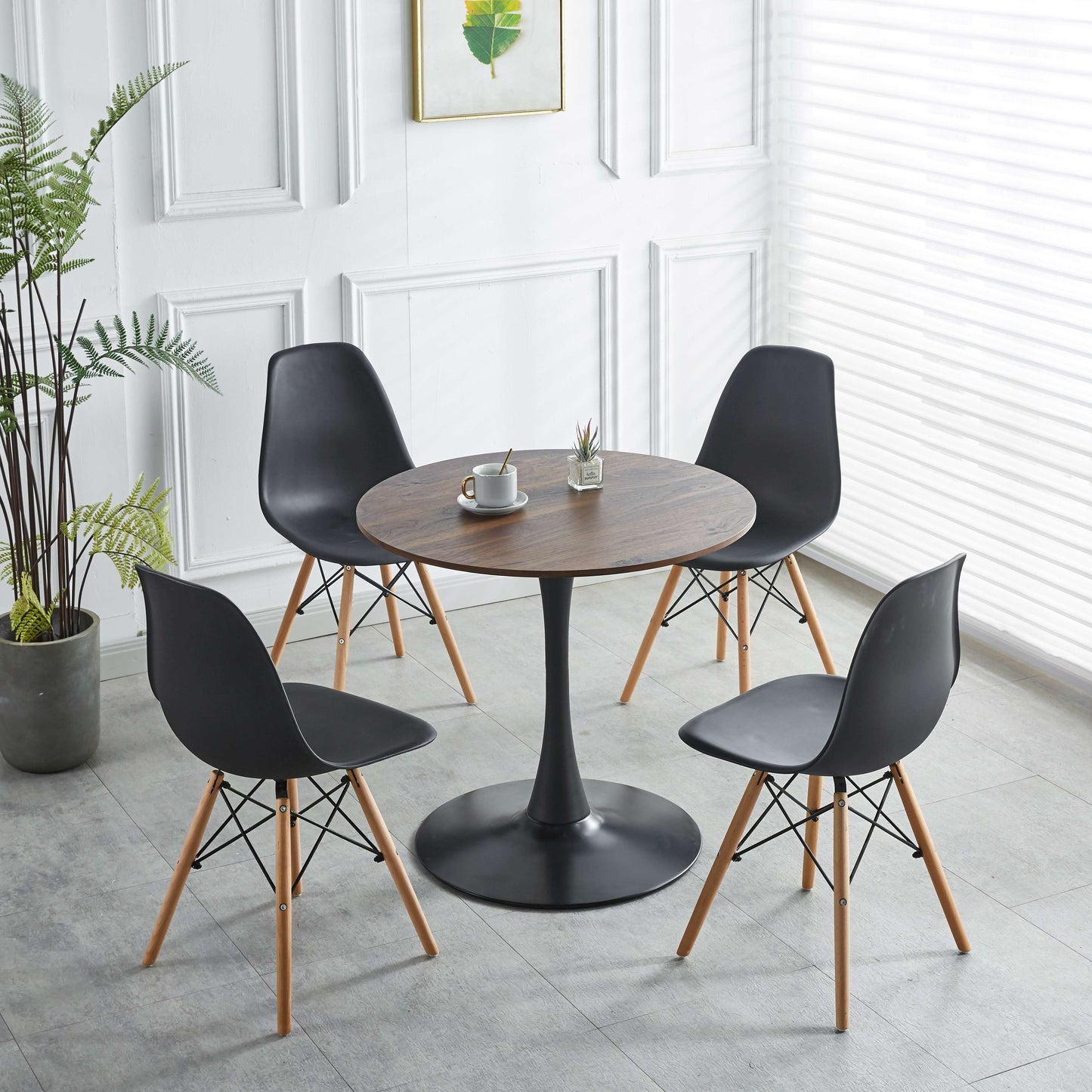 Tulip Table Mid-Century Dining Table For 2-4 People With Round MDF Table Top, Pedestal Dining Table, End Table Leisure Coffee Table - Walnut / Black
