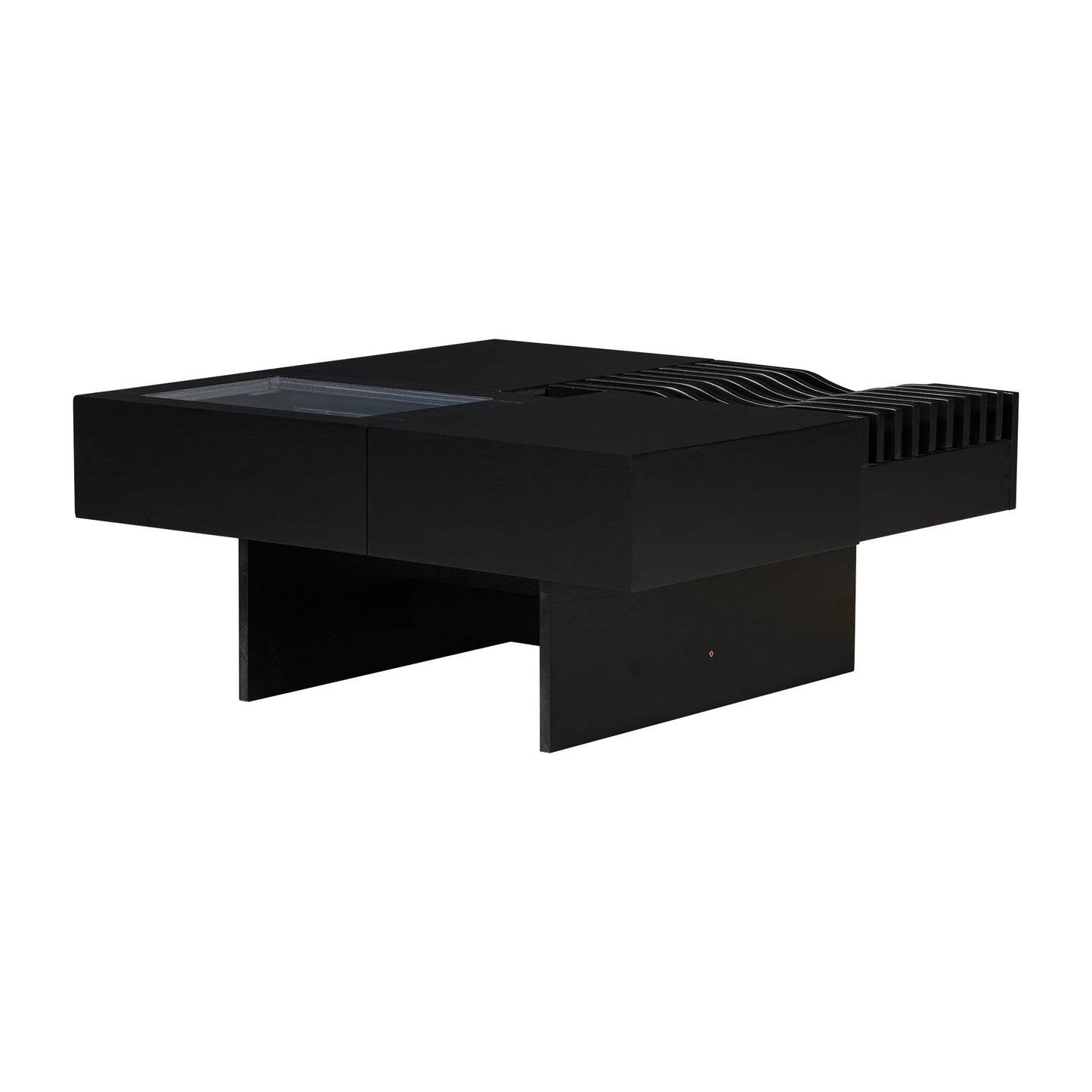 Mid Century Modern Coffee Table, Unique Square Wooden Coffee Table With 3 Drawers, Tempered Glass And Solid Wood Legs For Living Room - Black