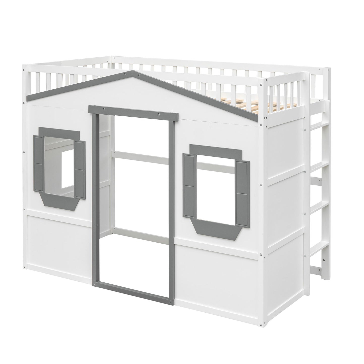 Twin Size House Loft Bed With Ladder - White / Gray