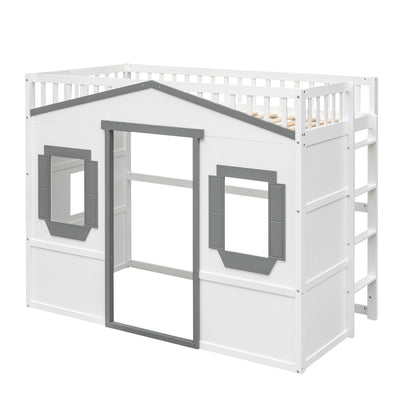 Twin Size House Loft Bed With Ladder - White / Gray