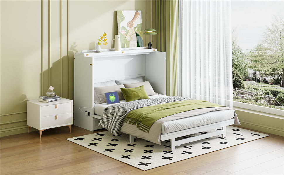 Full Size Murphy Bed With Large Drawer, USB Ports And Outlets - White