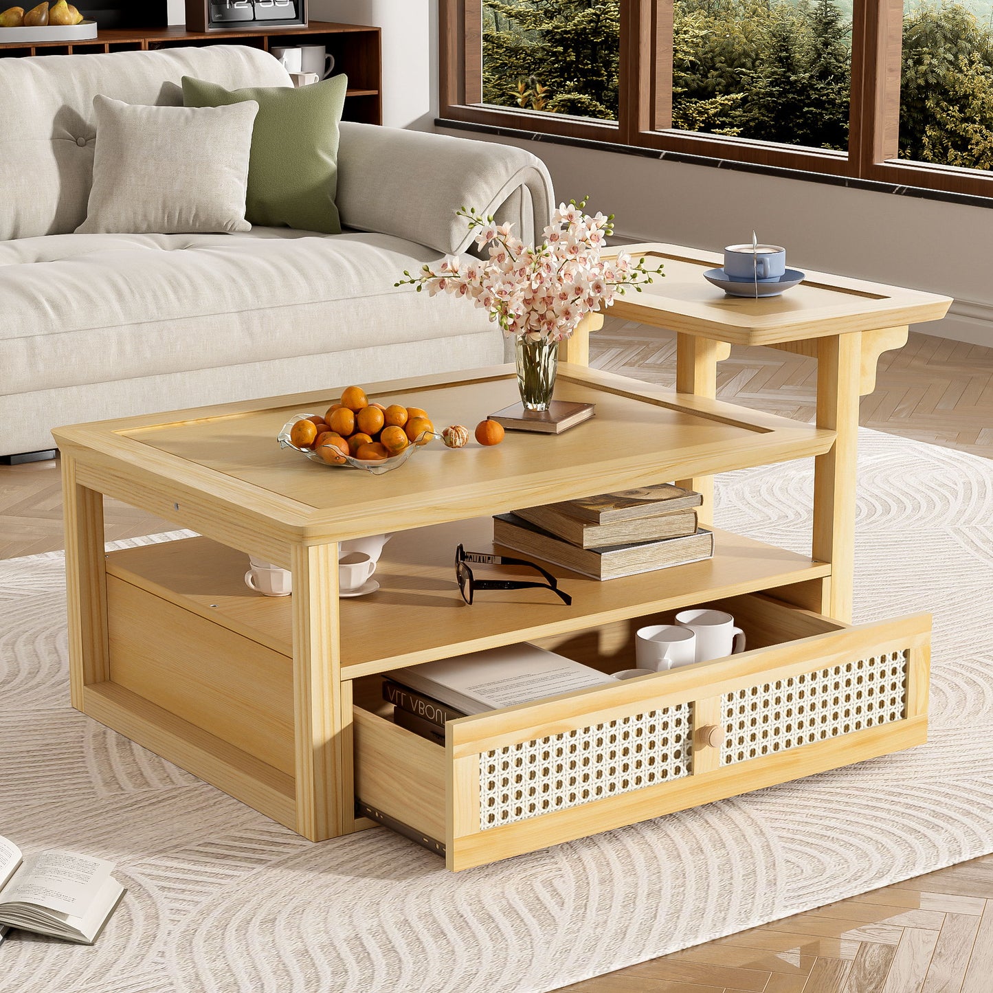 Modern Coffee Table, Coffee Table With 1 Storage Shelf, 2 Tabletops And 1 Rattan Drawer For Living Room - Natural
