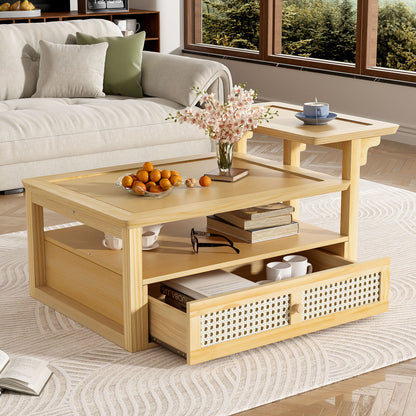 Modern Coffee Table, Coffee Table With 1 Storage Shelf, 2 Tabletops And 1 Rattan Drawer For Living Room - Natural