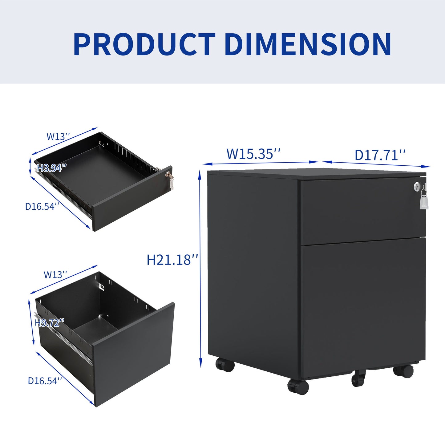 2 Drawer Mobile File Cabinet With Lock Steel File Cabinet For Legal / Letter / A4 / F4 Size/ Home / Office Design - Black