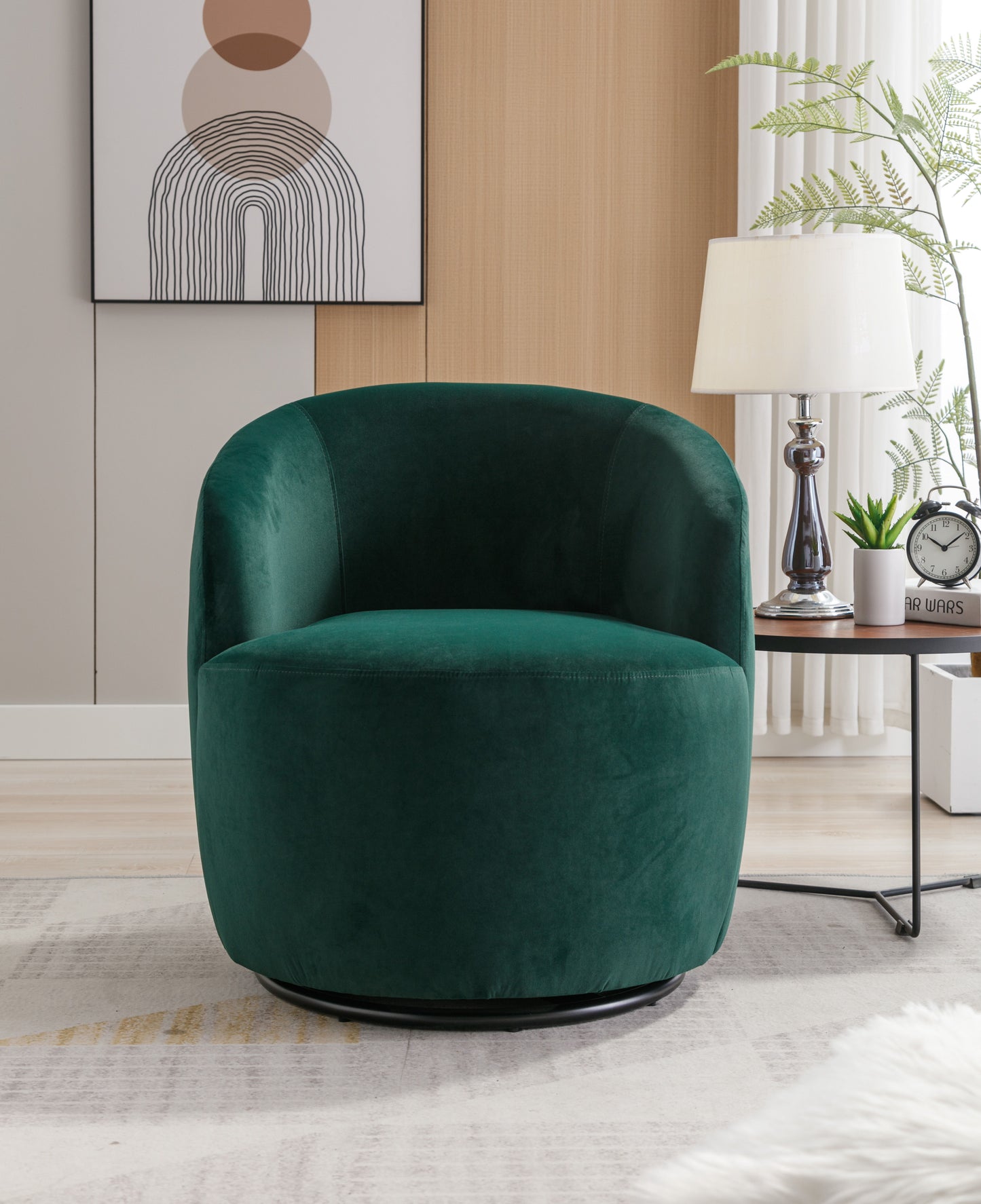 Velvet Fabric Swivel Accent Armchair Barrel Chair With Black Powder Coating Metal Ring - Green