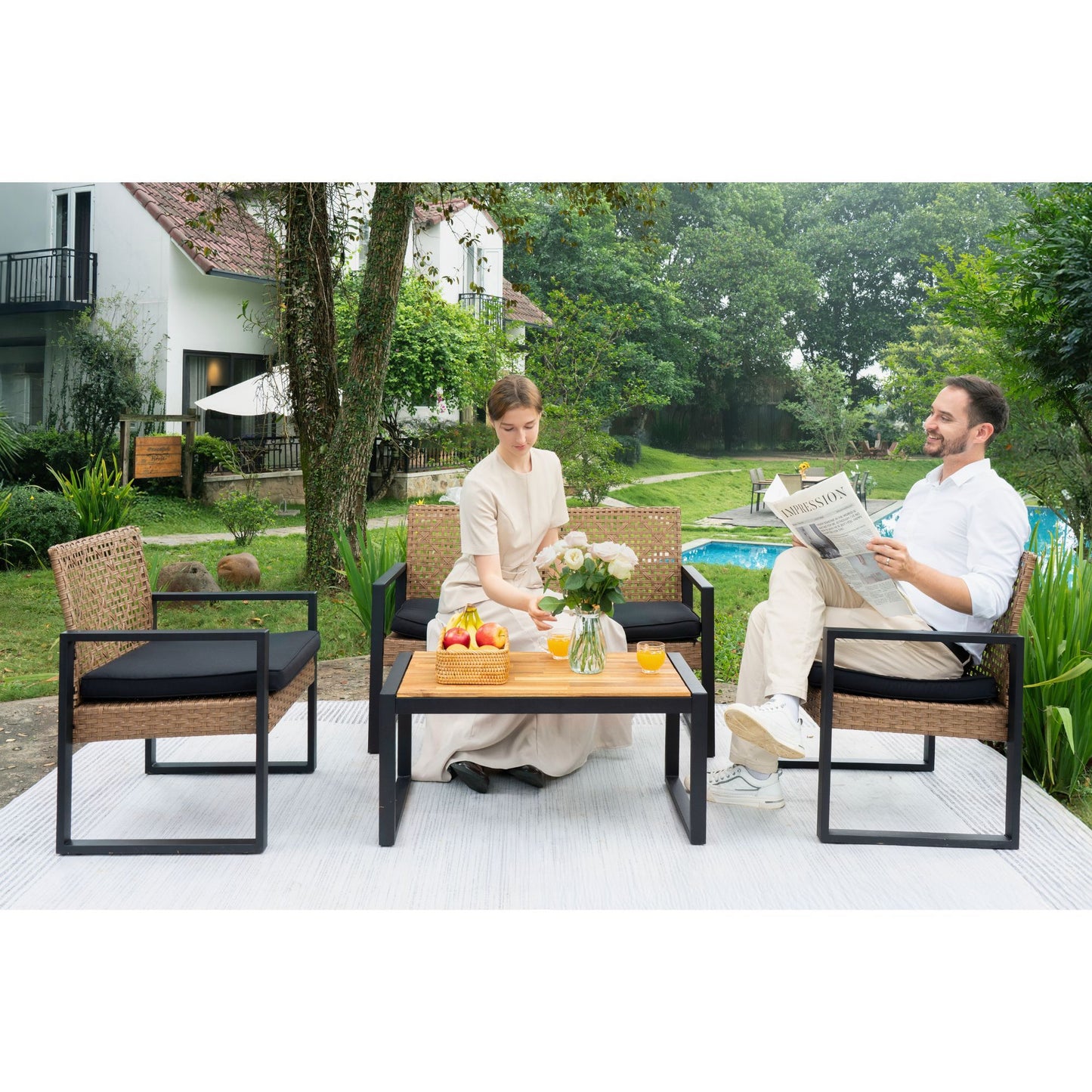 4 Piece Patio Furniture Set Outdoor Balcony Porch Garden Backyard Lawn Furniture Acacia Wood Table Top, Morden - Black And Light Brown