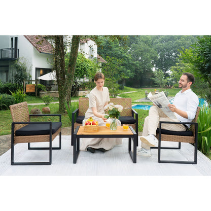 4 Piece Patio Furniture Set Outdoor Balcony Porch Garden Backyard Lawn Furniture Acacia Wood Table Top, Morden - Black And Light Brown