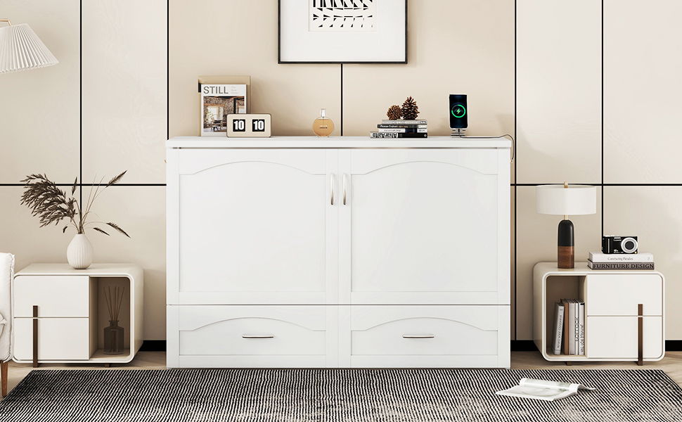Queen Size Murphy Wall Bed With Drawer And A Set Of Sockets & USB Ports, Pulley Structure Design - White