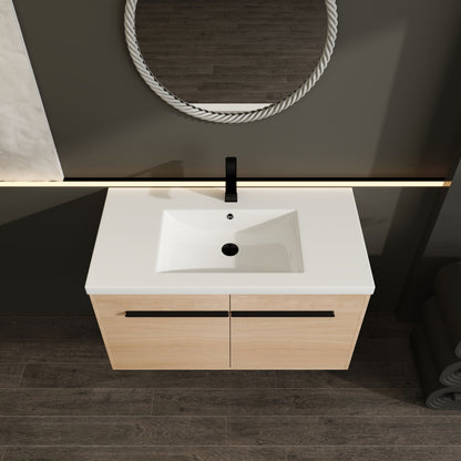 Bathroom Vanity With Resin Countertop Sink, 2 Doors Cabinet Set - Oak