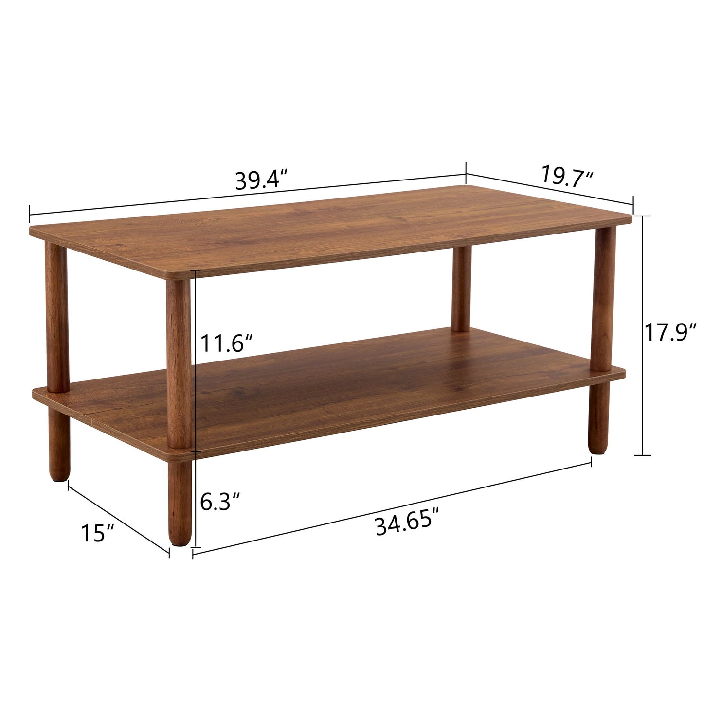 Modern 2 Tier Coffee Table For Living Room Furniture, Rectangular Center Table With Open Storage Shelf, Rounded Rubberwood Legs - Walnut Brown