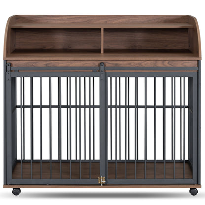 Heavy Duty Large Dog Crate Furniture For Large Medium Dog With Lockable Wheels, Wooden Dog Crate Dog Kennel, End Table Crate With Double Layer Storage - Brown