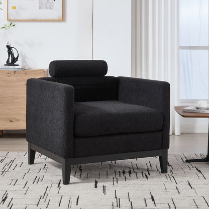 Wide Modern Farmhouse Performance Accent Chair With Black Legs, Wood Base Reading Armchair Single Sofa With 2 Bolster Pillows For Living Room Offices And Lounge - Black
